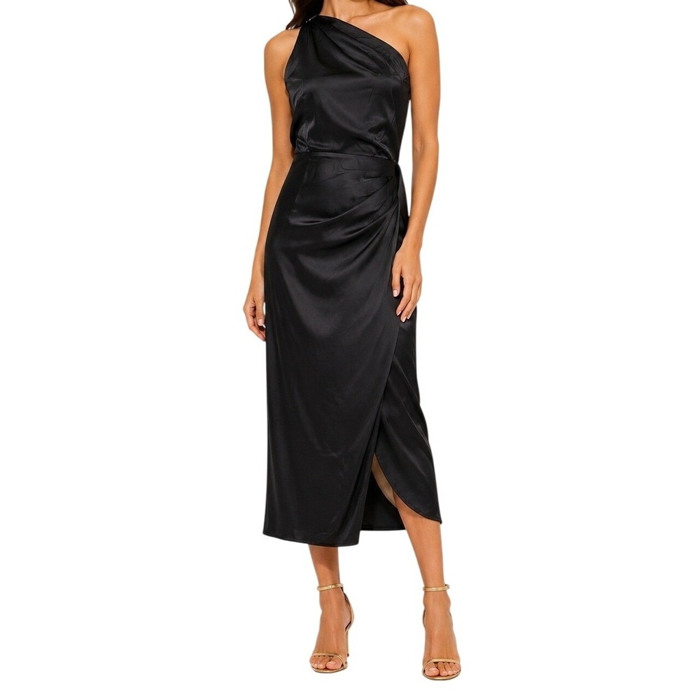 Lulus Black Satin One Shoulder Midi Dress XL NWT Wedding Guest Formal